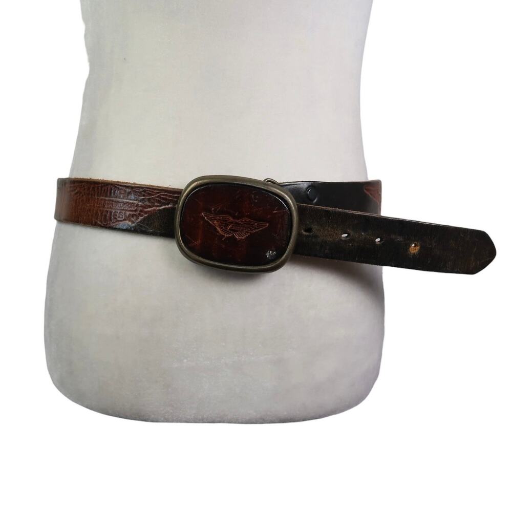 Vintage Harley Davidson Brown Leather Mens Belt Large Buckle Eagle Embossed